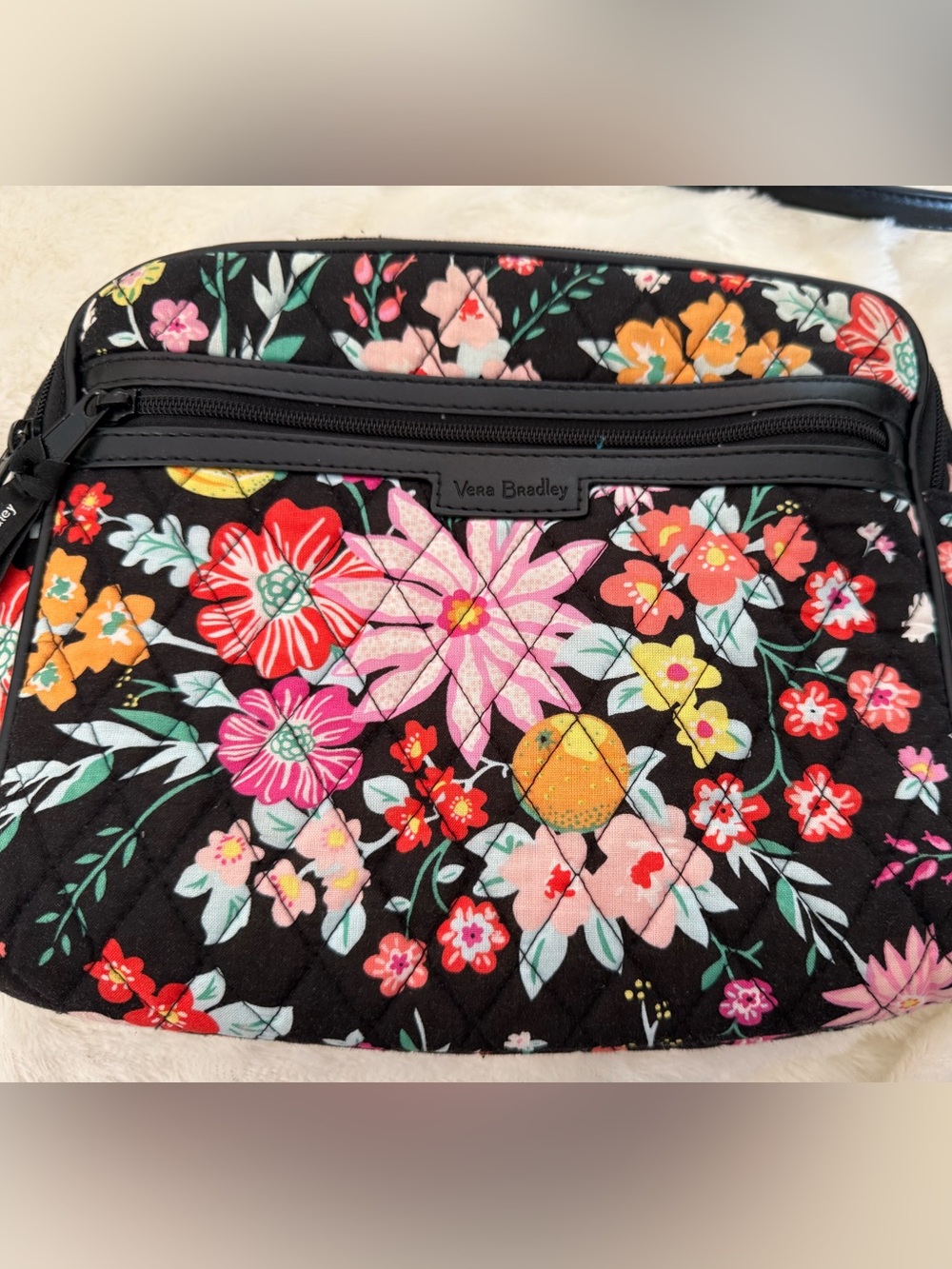 Vera Bradley Tangerine Twist Cotton Faux Leather Black Floral 9.5”x7.5”x 3”
